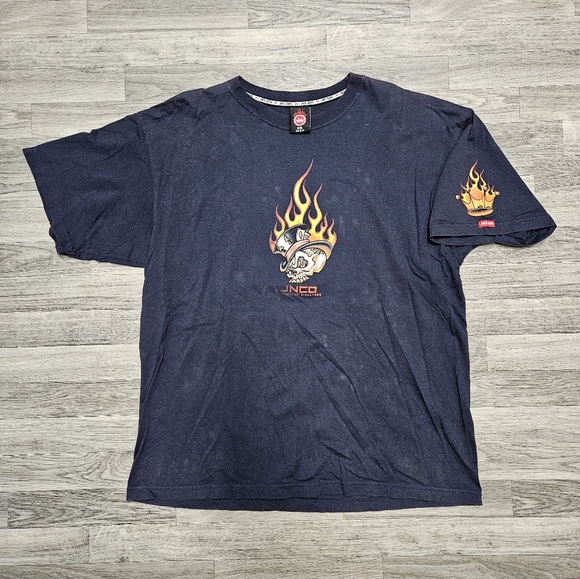 Vintage 90s Y2K Jnco Jeans Rare Flaming Ace Skull Head Navy Blue T-shirt XXL - Picture 3 of 9